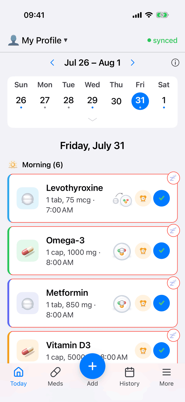 The FlowByFlow Today screen listing the doses due today, with a button to mark each one taken