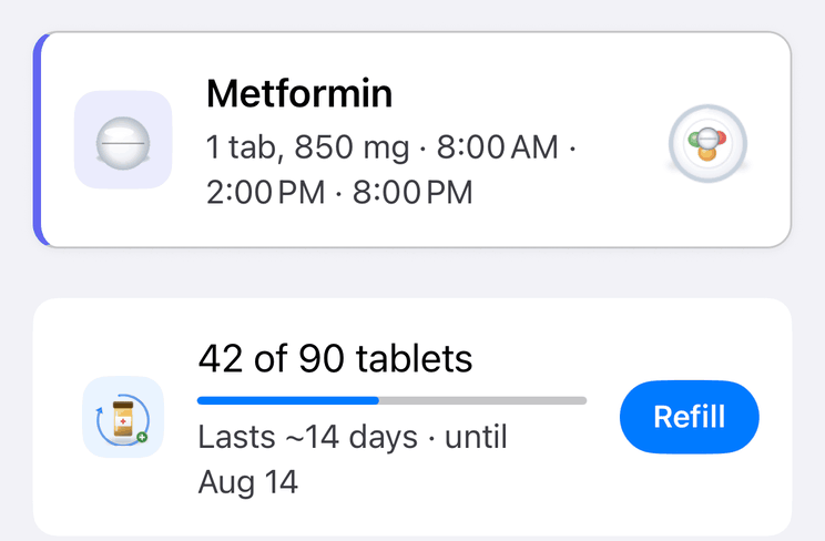 A medication detail screen showing 42 of 90 tablets left, a stock progress bar, roughly how many days of supply remain, and a Refill button