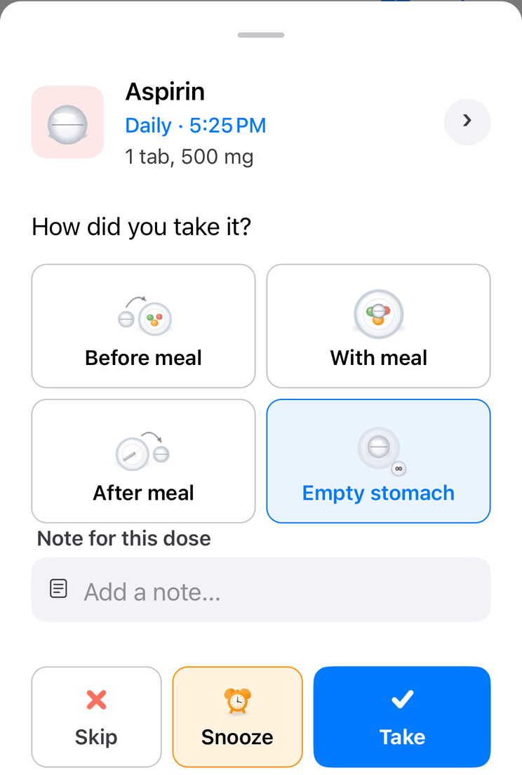 A dose reminder offering Take, Snooze and Skip, and a row of choices for whether the dose was taken with food