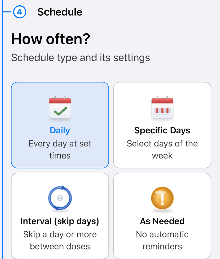 The schedule step when adding a medication, offering daily, specific weekdays, an interval and as-needed